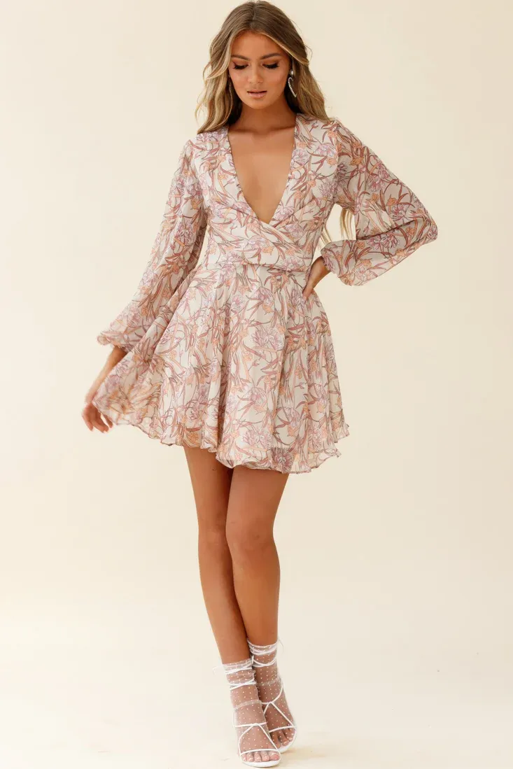 Jessinta Long Sleeve Pintuck Waist Dress Floral Print Nude
