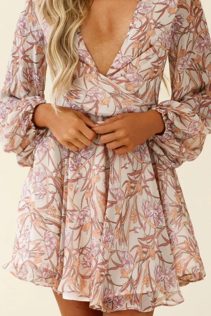 Jessinta Long Sleeve Pintuck Waist Dress Floral Print Nude