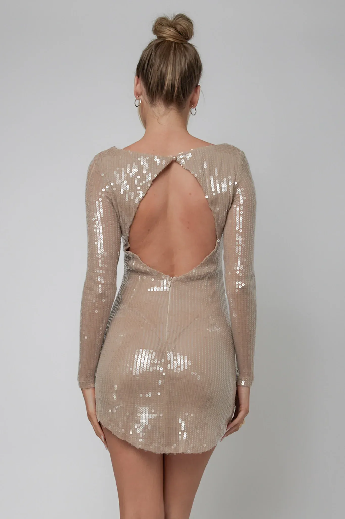 Karma Long Sleeve Keyhole Back Sequin Dress Nude