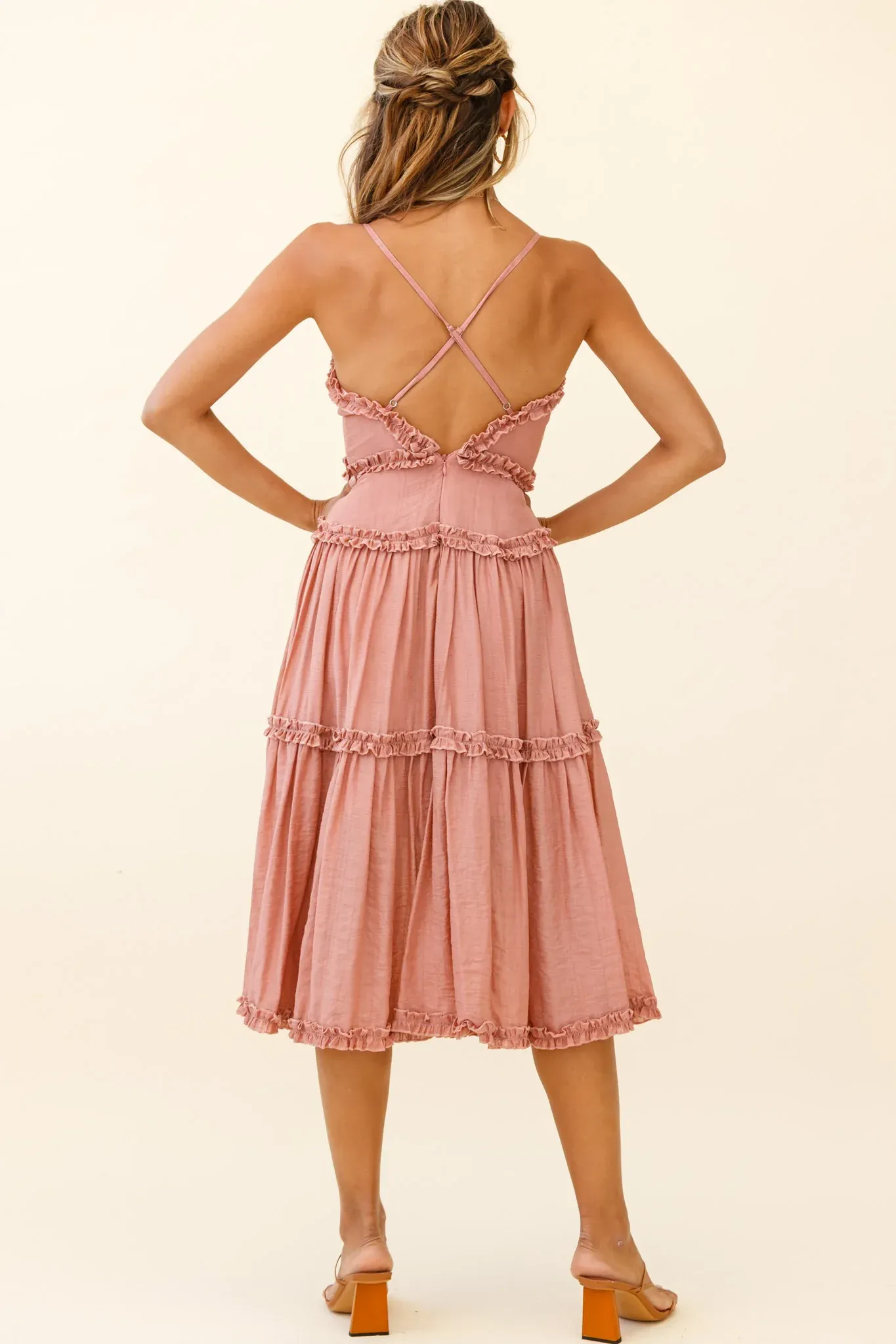 Laney Low Back Cami Strap Midi Dress Rose
