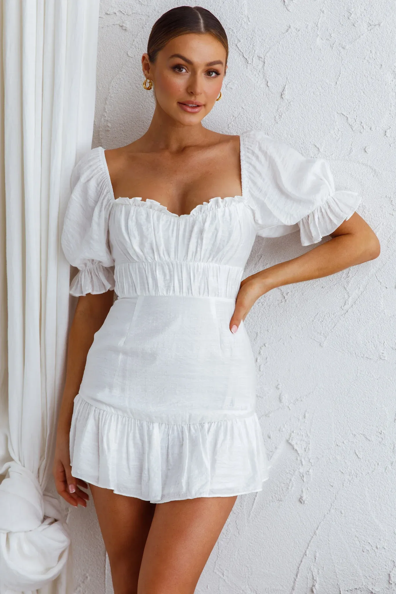 Light Catcher Sweetheart Neckline Frill Dress White