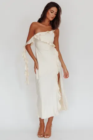 Like Yesterday Satin Ruffle Midi Dress Butter
