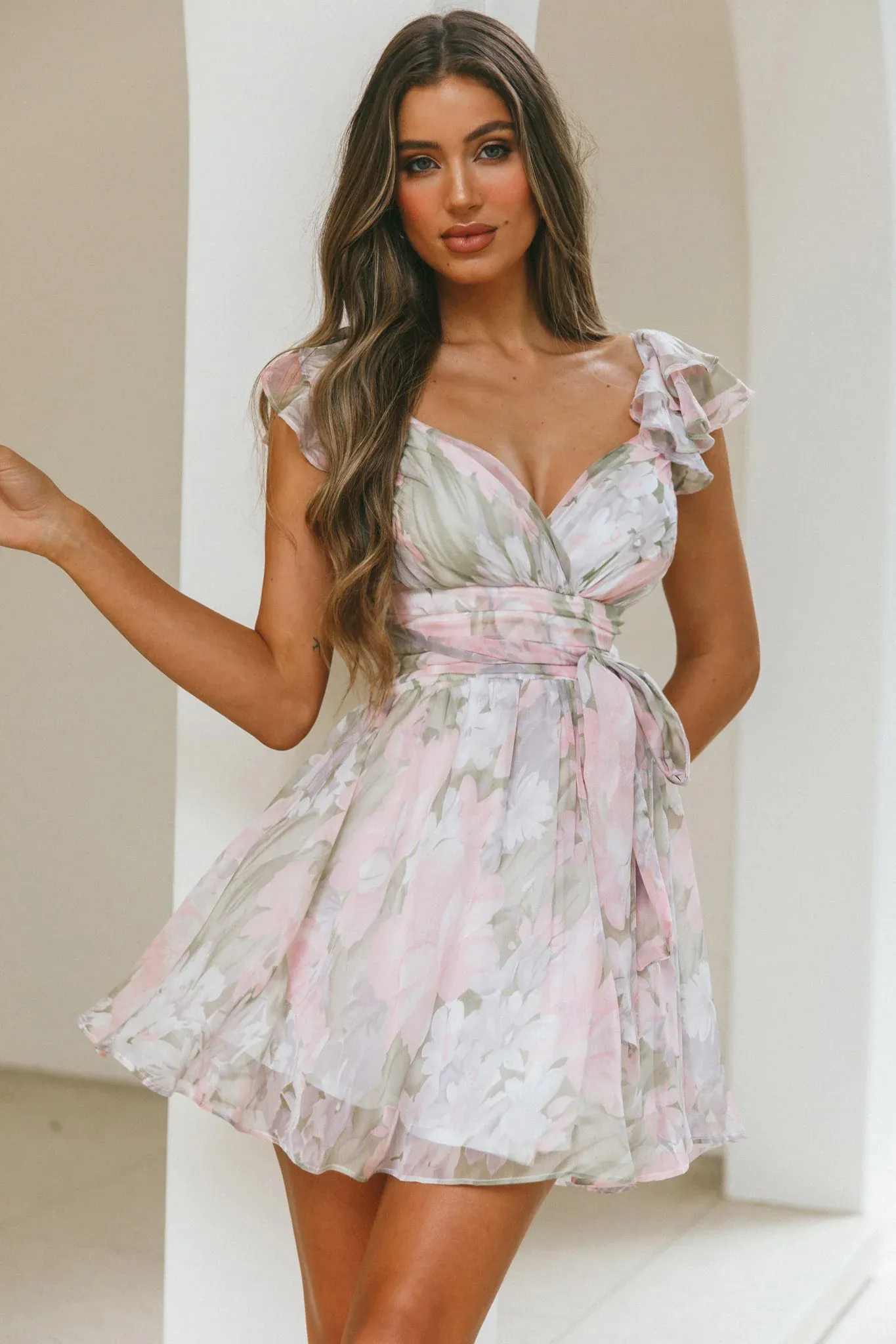 Lola Ruffle Shoulder Ruched Dress Watercolor Floral Pink Multi