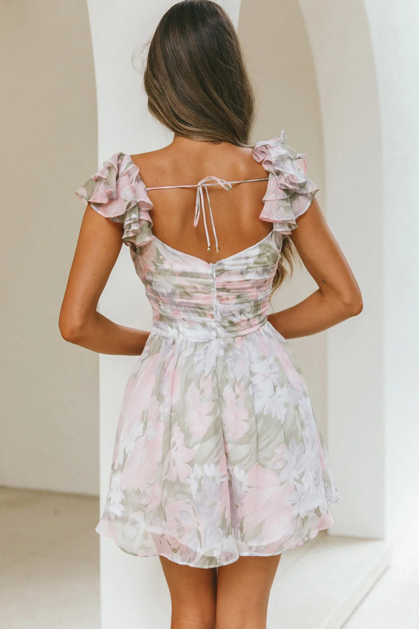 Lola Ruffle Shoulder Ruched Dress Watercolor Floral Pink Multi