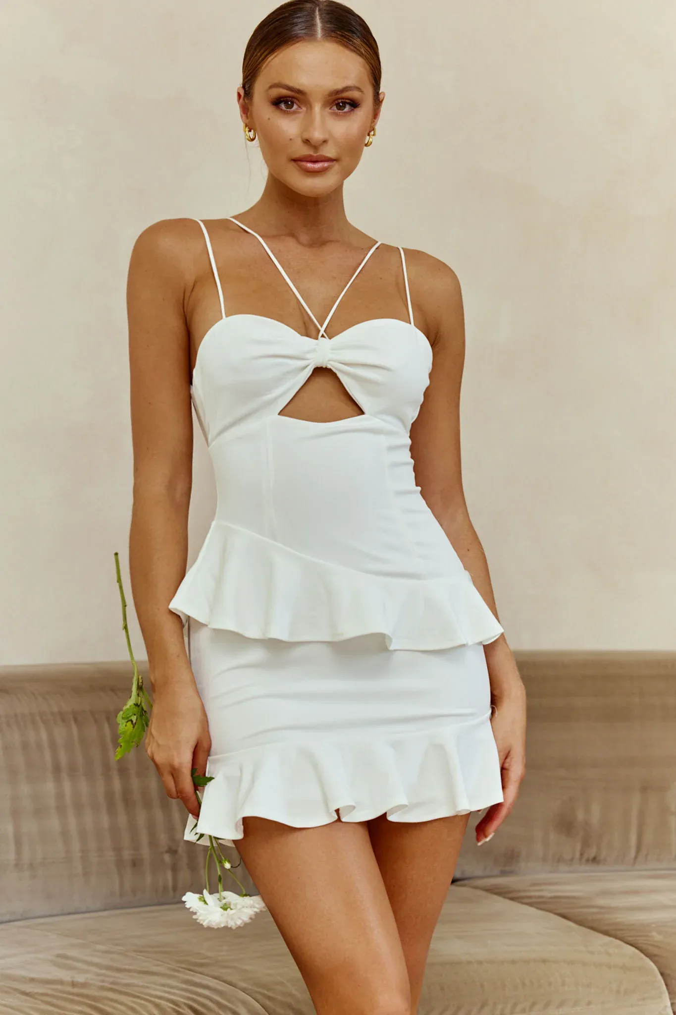 Moment Of Truth String-Tie Ruffle Trim Mini Dress White