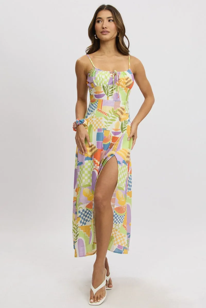 Multi Abstract Midi Dress Gathered Bust