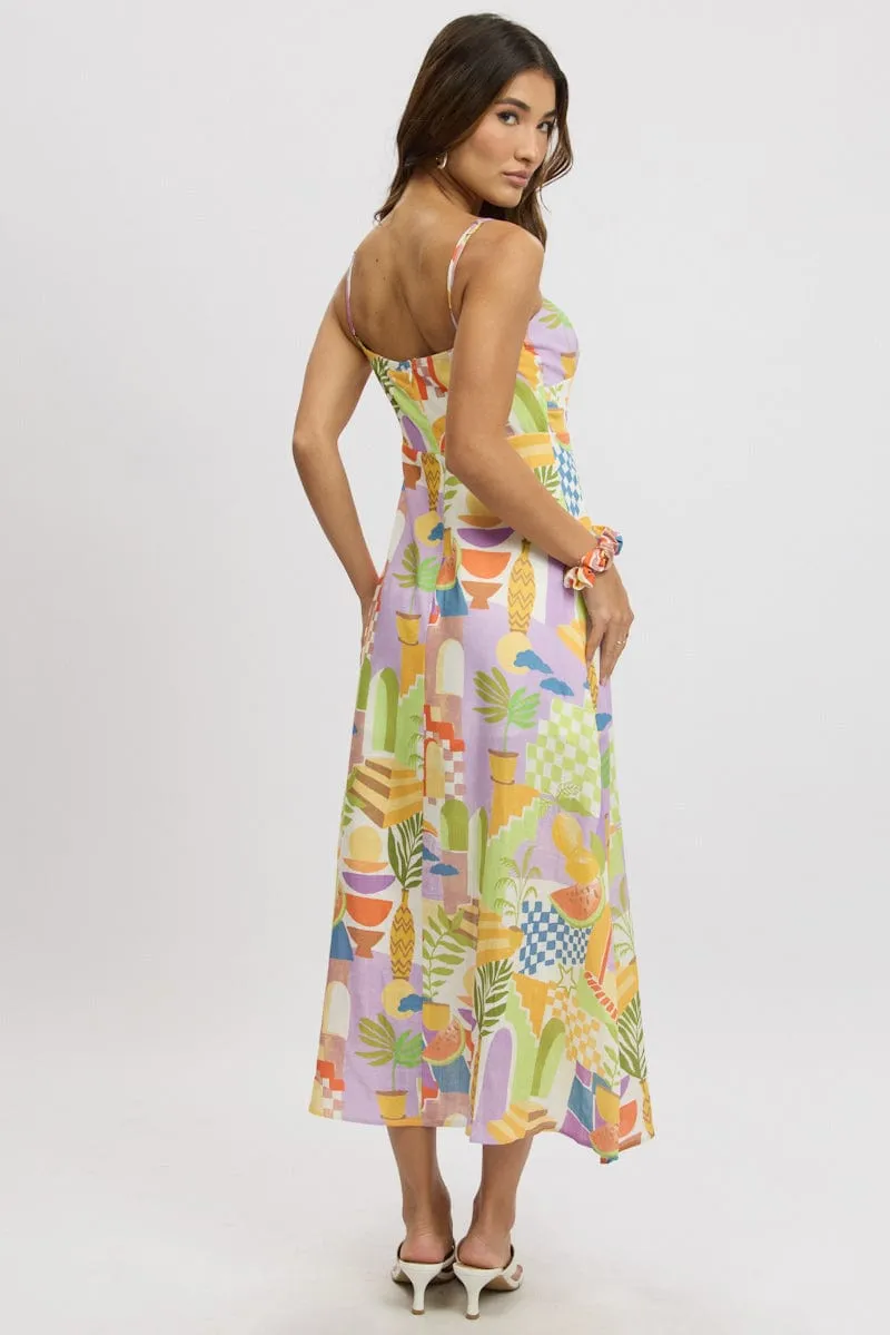 Multi Abstract Midi Dress Gathered Bust