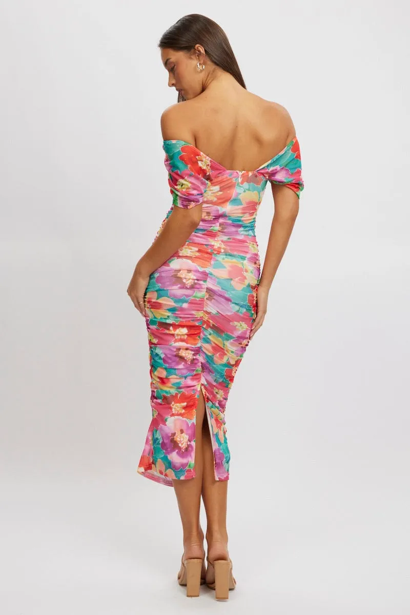 Multi Floral Bodycon Dress Mesh