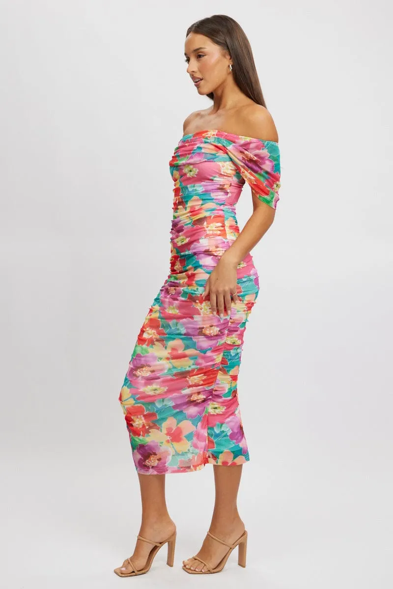 Multi Floral Bodycon Dress Mesh