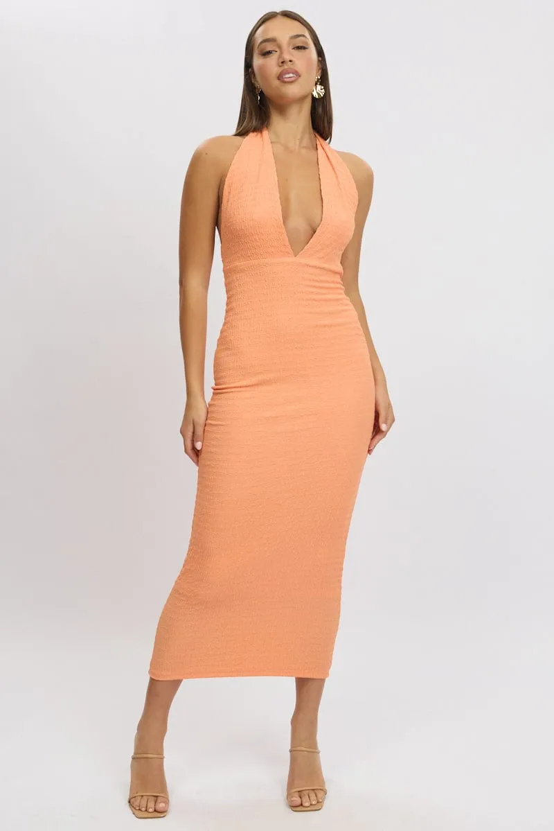 Orange Bodycon Dress Halter Neck Texured