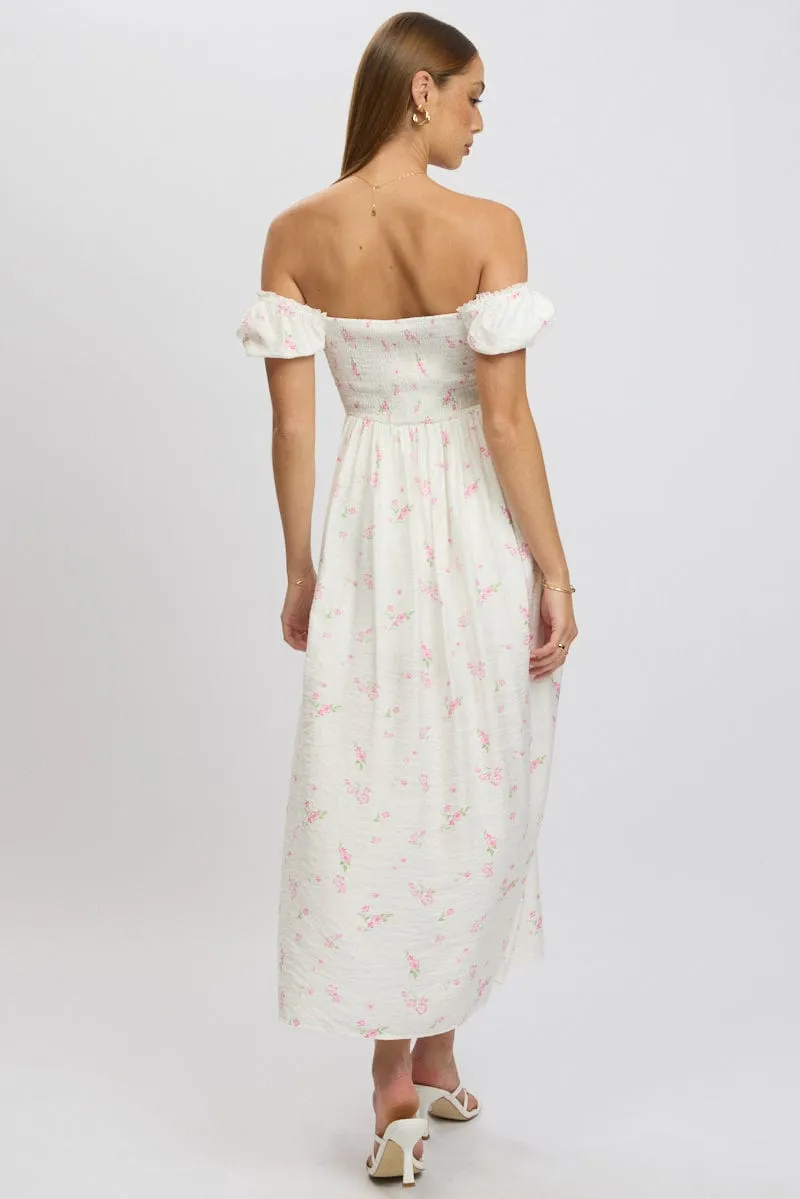Pink Ditsy Midi Dress Short Sleeve Side Split