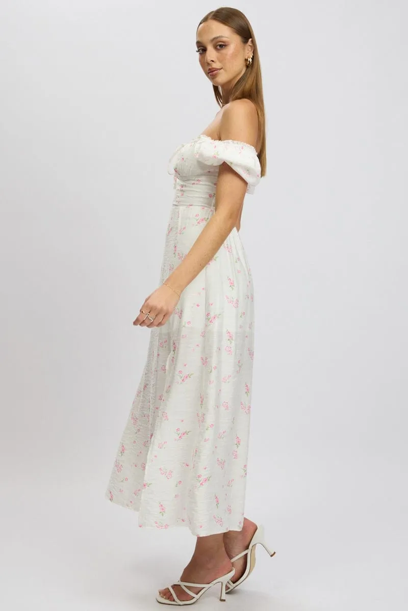 Pink Ditsy Midi Dress Short Sleeve Side Split