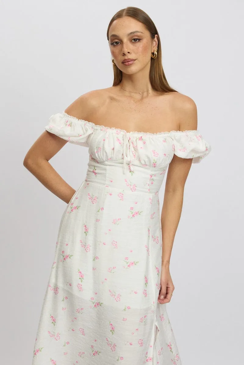 Pink Ditsy Midi Dress Short Sleeve Side Split