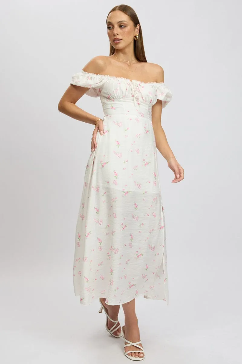 Pink Ditsy Midi Dress Short Sleeve Side Split