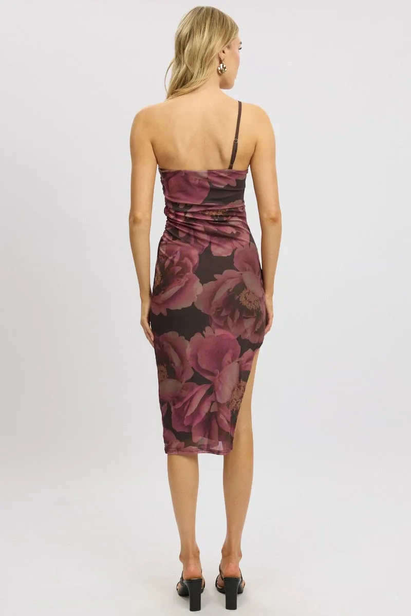 Pink Floral Bodycon Dress One Shoulder