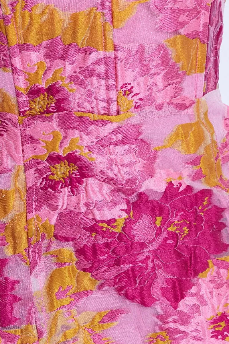 Pink Floral Mini Dress Strapless Bodycon