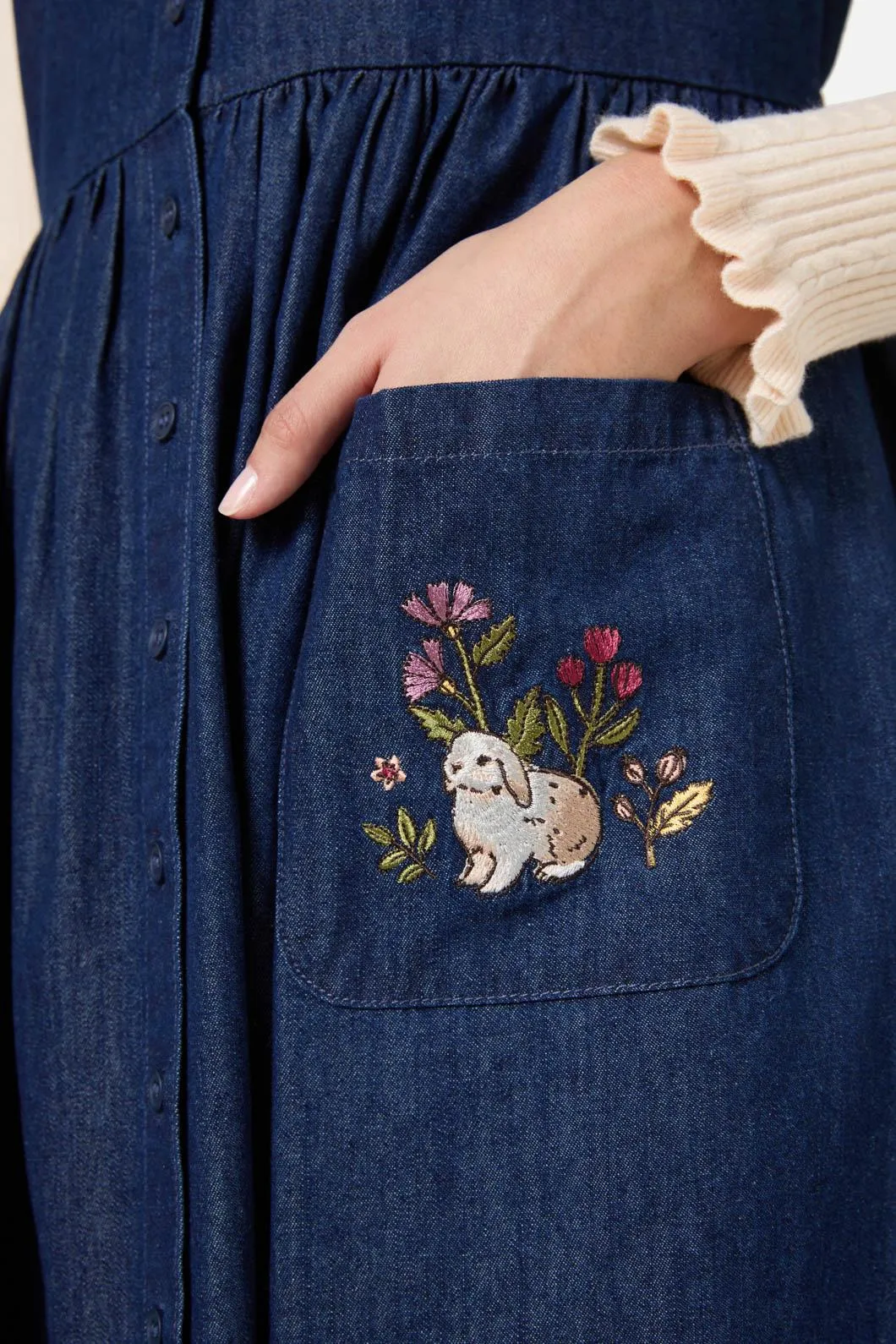 Rabbit Embroidered Denim Dress
