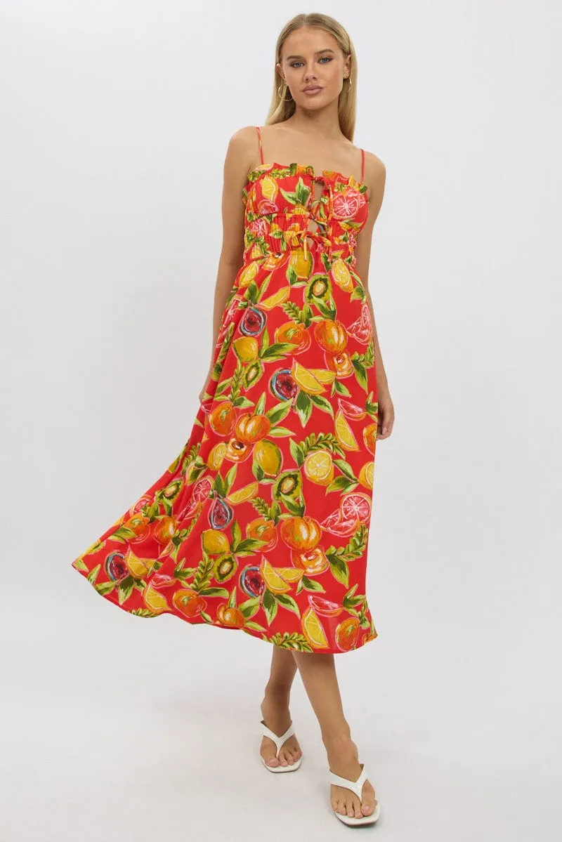 Red Abstract Midi Dress Ribbon Detail Strappy