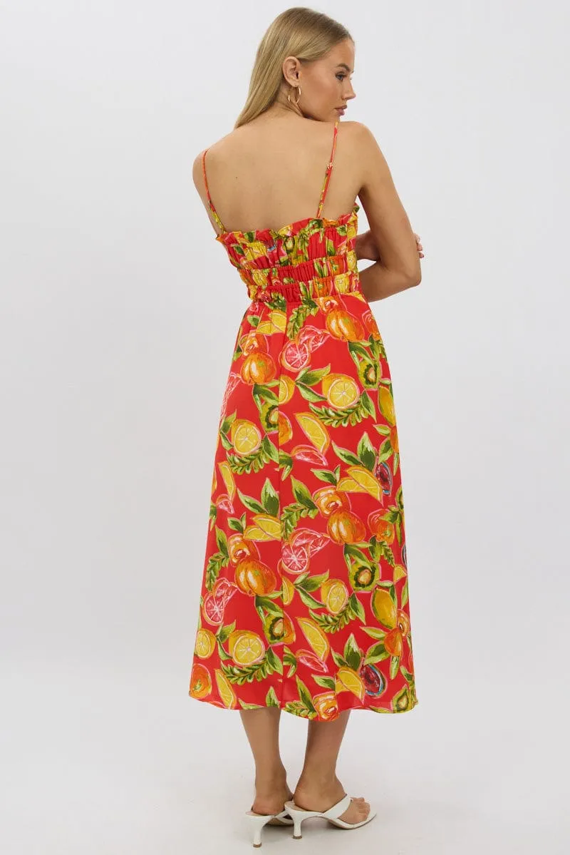 Red Abstract Midi Dress Ribbon Detail Strappy