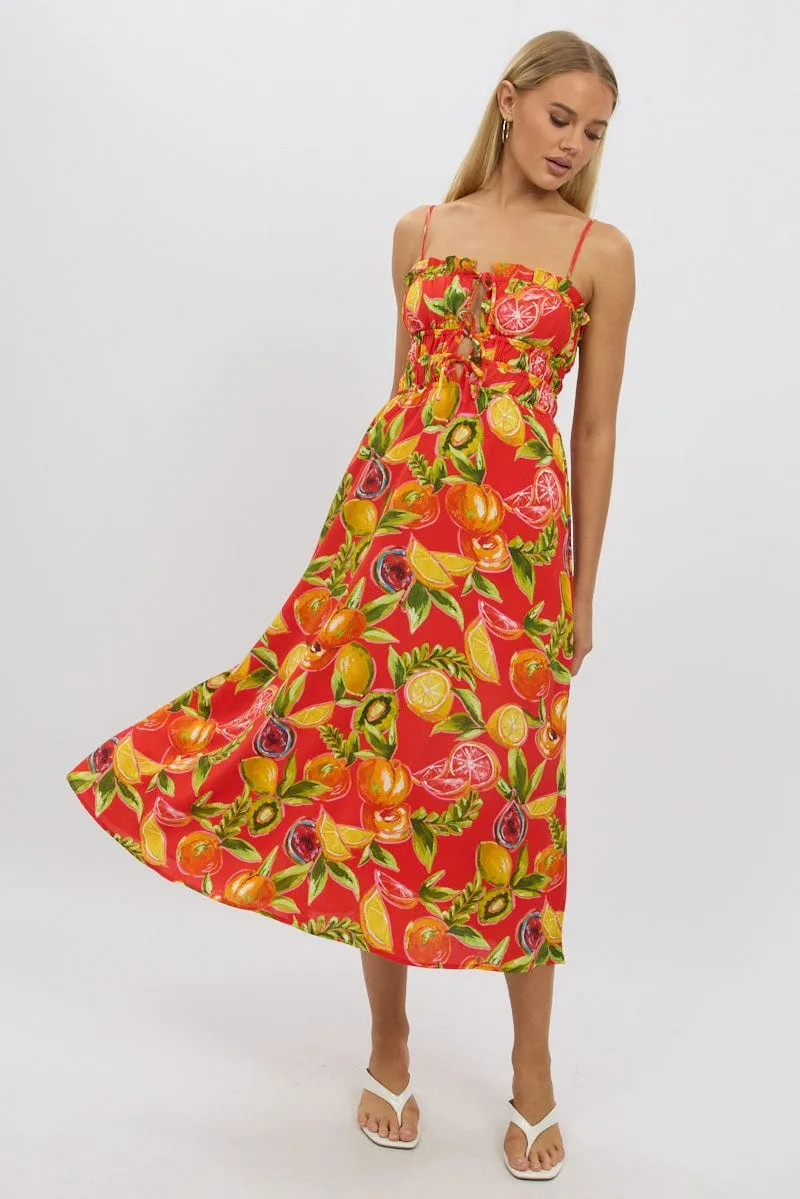 Red Abstract Midi Dress Ribbon Detail Strappy