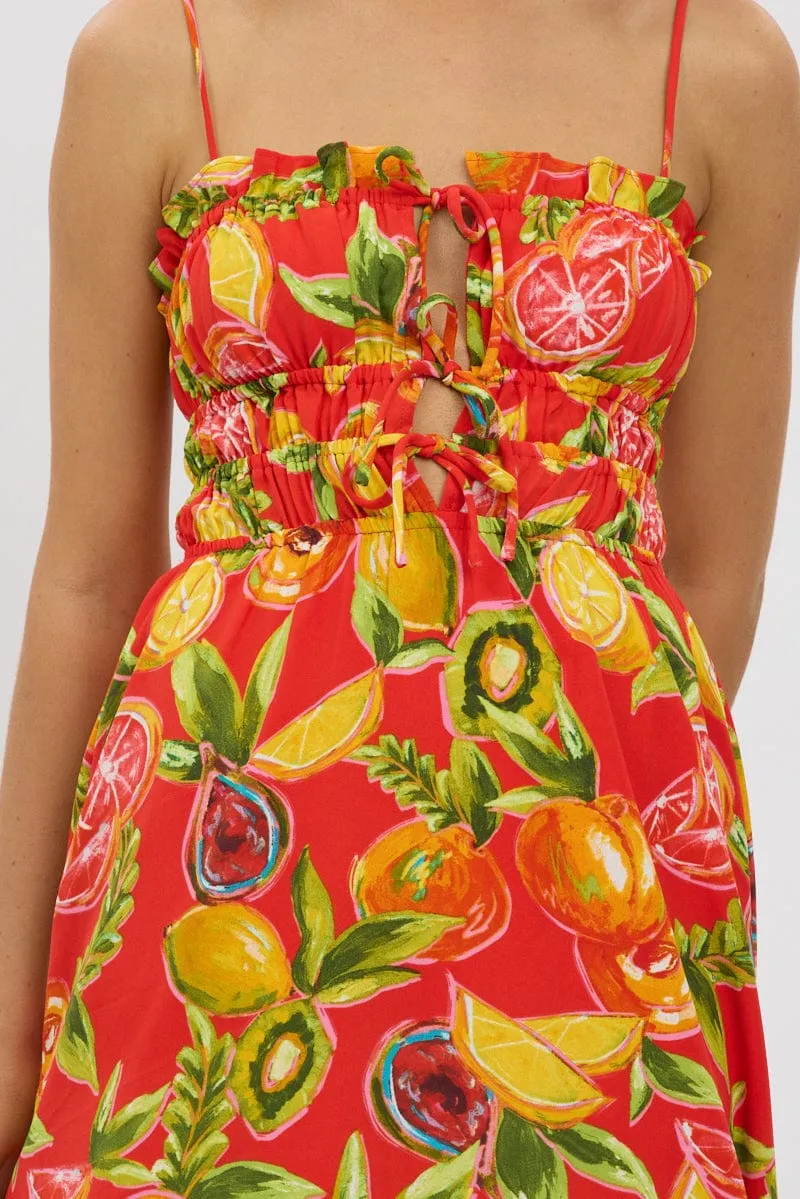 Red Abstract Midi Dress Ribbon Detail Strappy