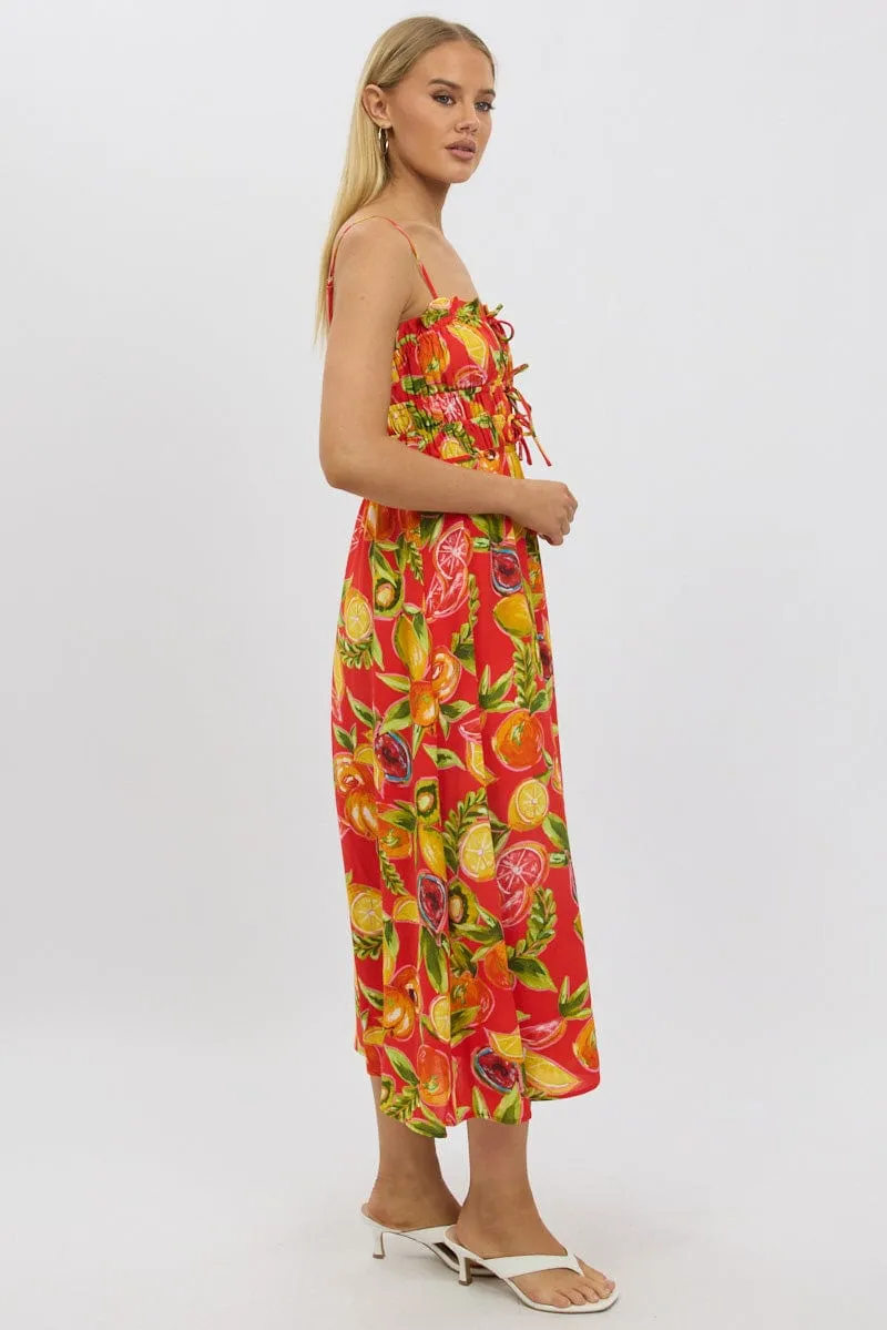 Red Abstract Midi Dress Ribbon Detail Strappy