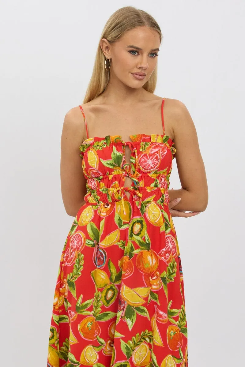 Red Abstract Midi Dress Ribbon Detail Strappy