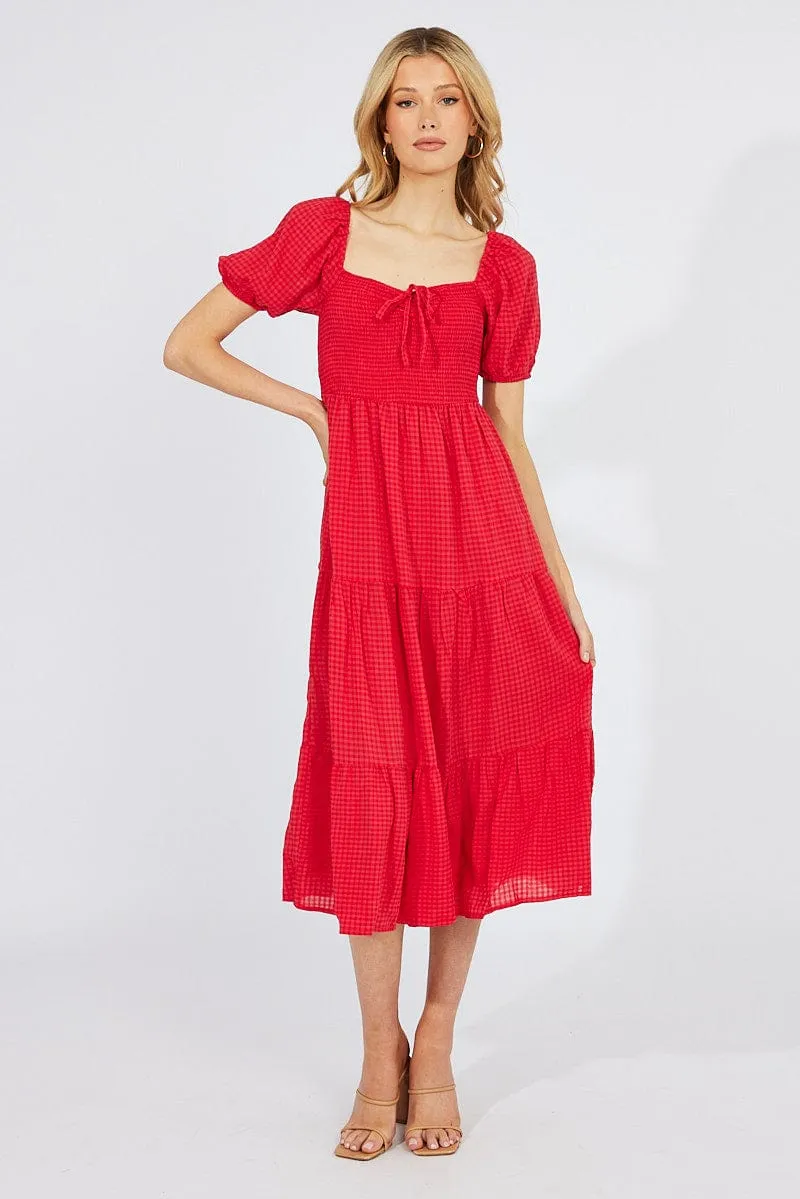 Red Midi Dress Short Sleeve Shirred