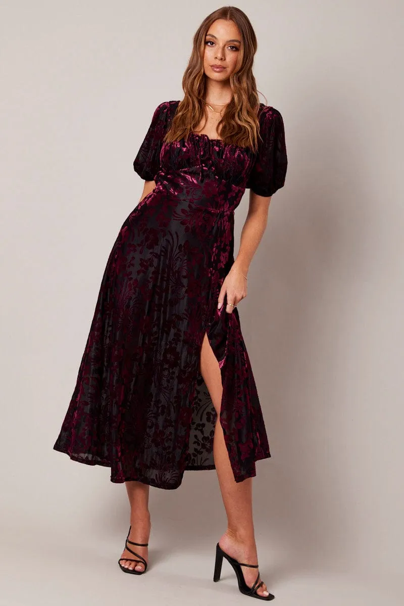 Red Midi Dress Short Sleeve Side Split