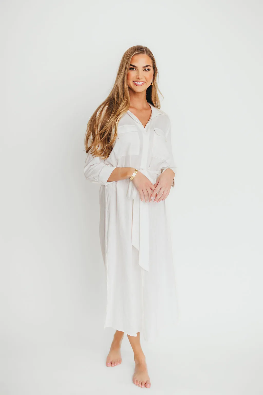 Rhea Belted Maxi Shirt Dress in White - Nursing Friendly