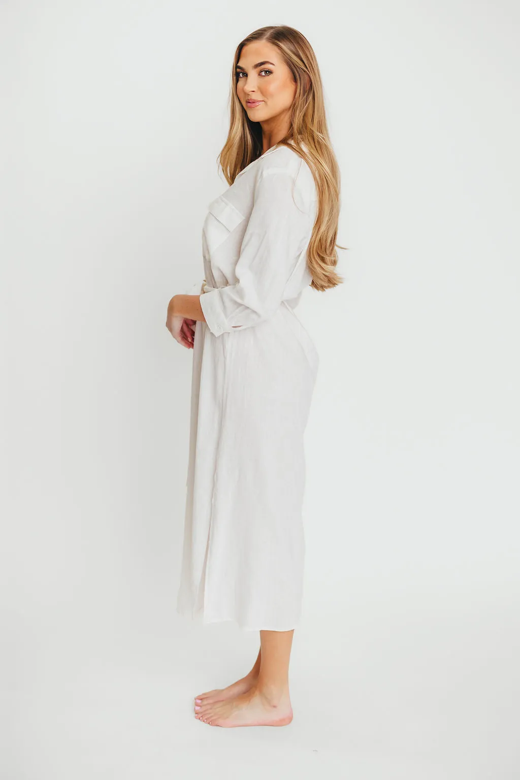 Rhea Belted Maxi Shirt Dress in White - Nursing Friendly