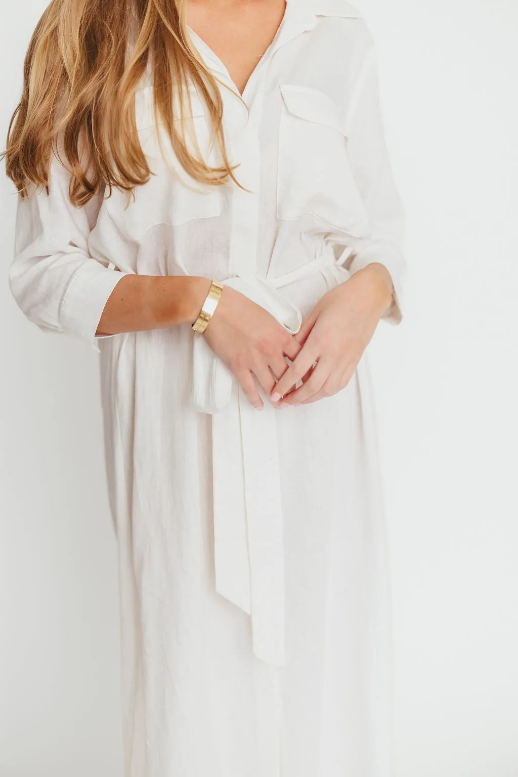 Rhea Belted Maxi Shirt Dress in White - Nursing Friendly
