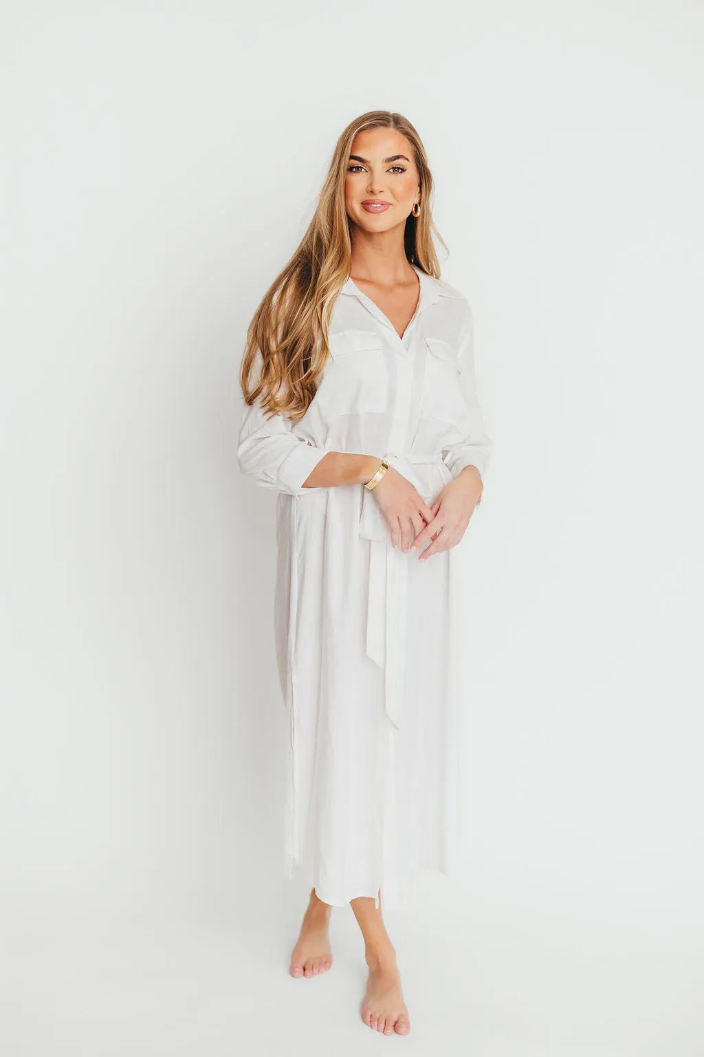 Rhea Belted Maxi Shirt Dress in White - Nursing Friendly