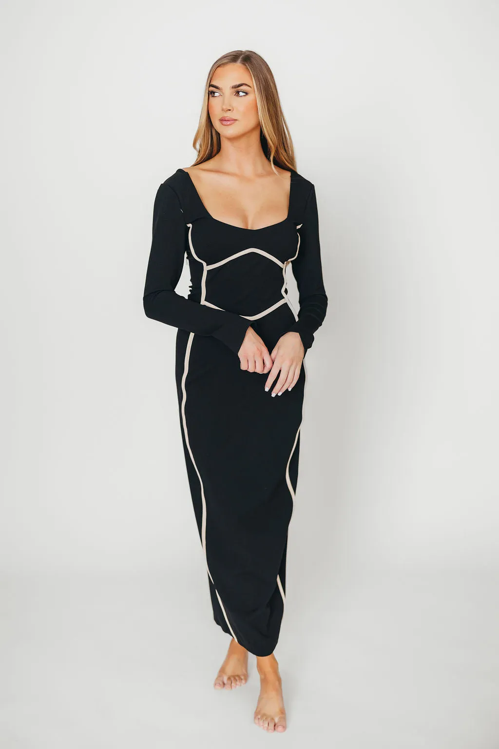 Shana Bodycon Midi Dress with Piping Trim in Black