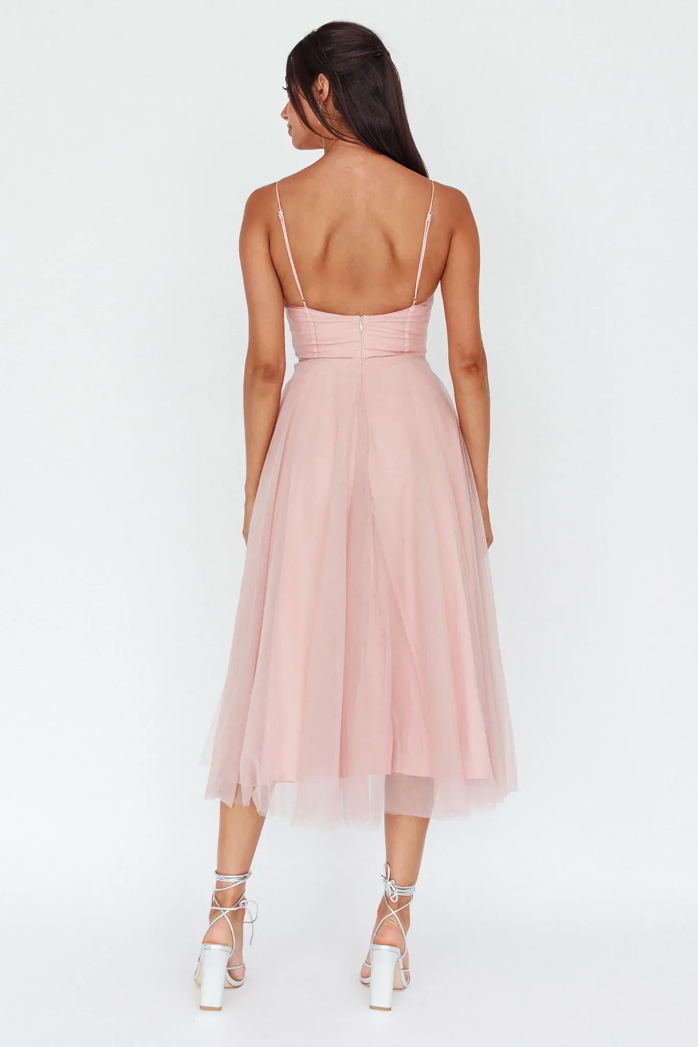 Smitten Lace Insert Tulle Midi Dress Blush