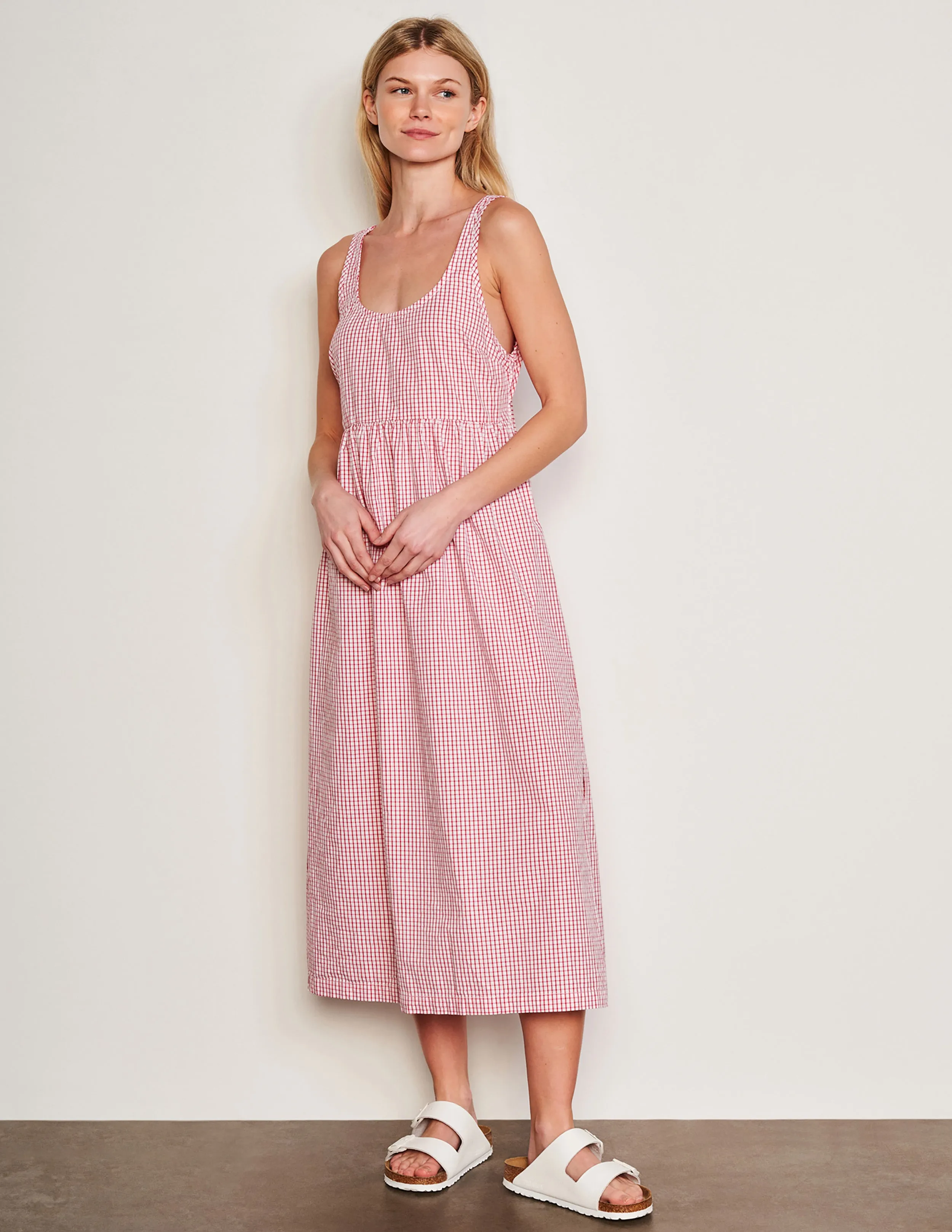 Sundry Beachside Check Midi Tie Back Dress in Optic White