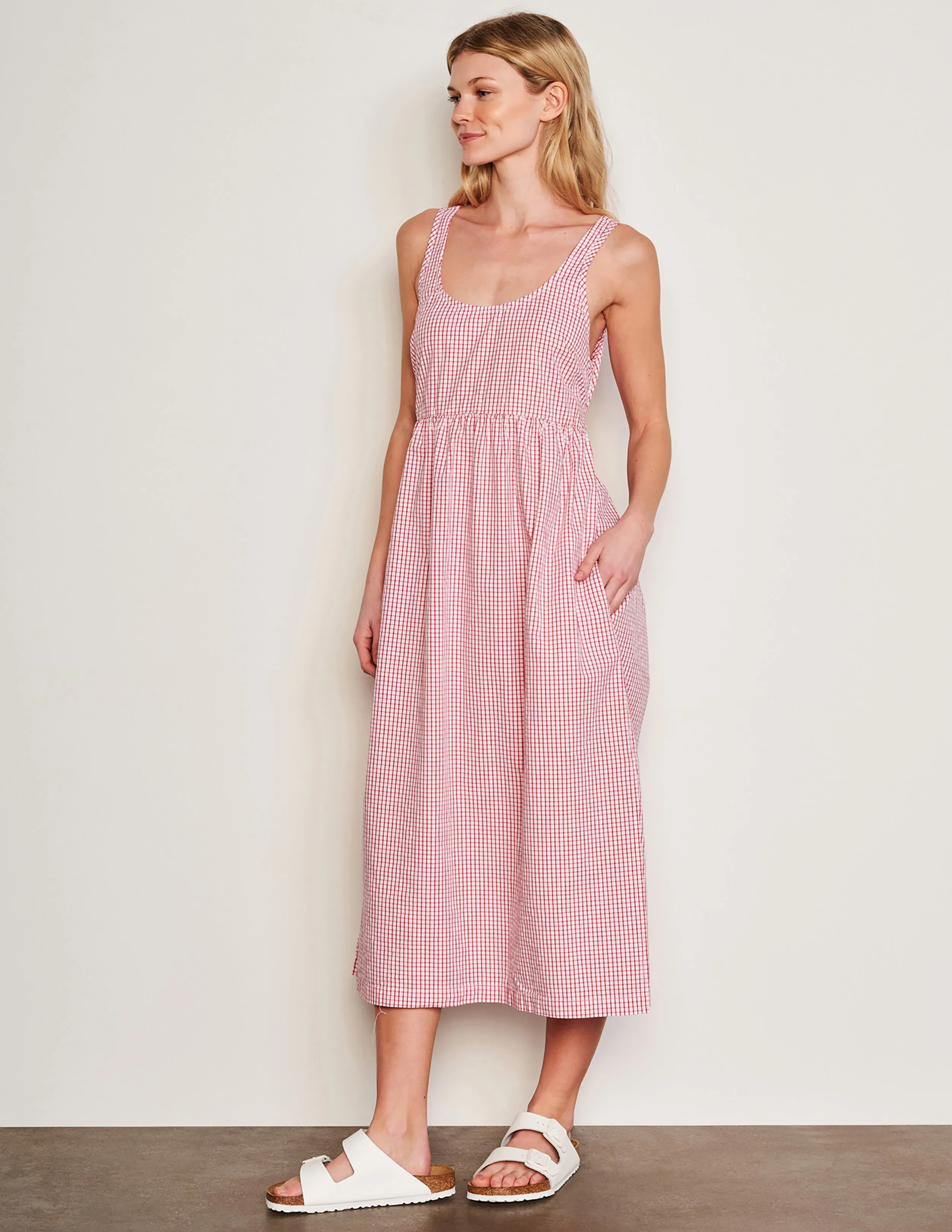 Sundry Beachside Check Midi Tie Back Dress in Optic White