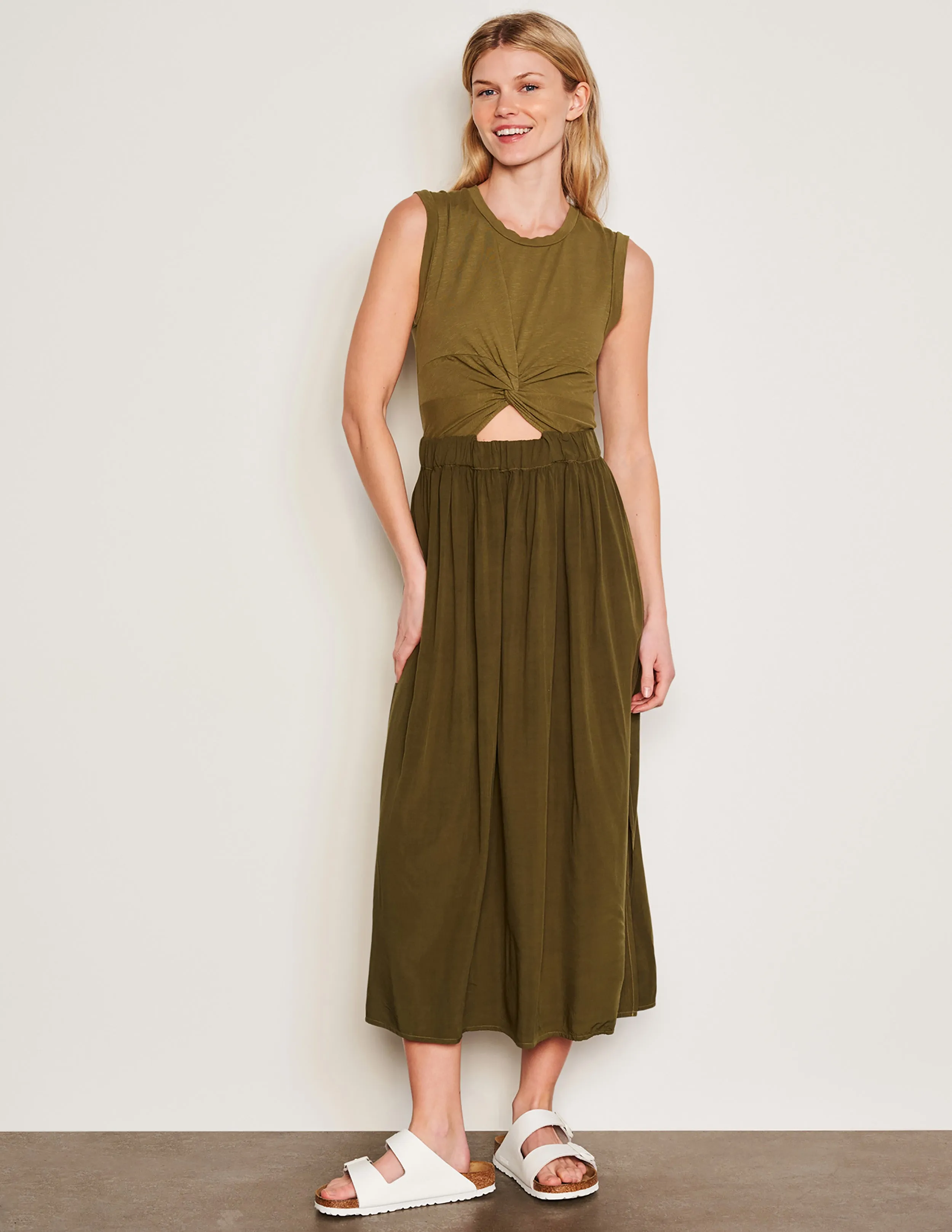 Sundry Midi Mixed Media Dress in Olive