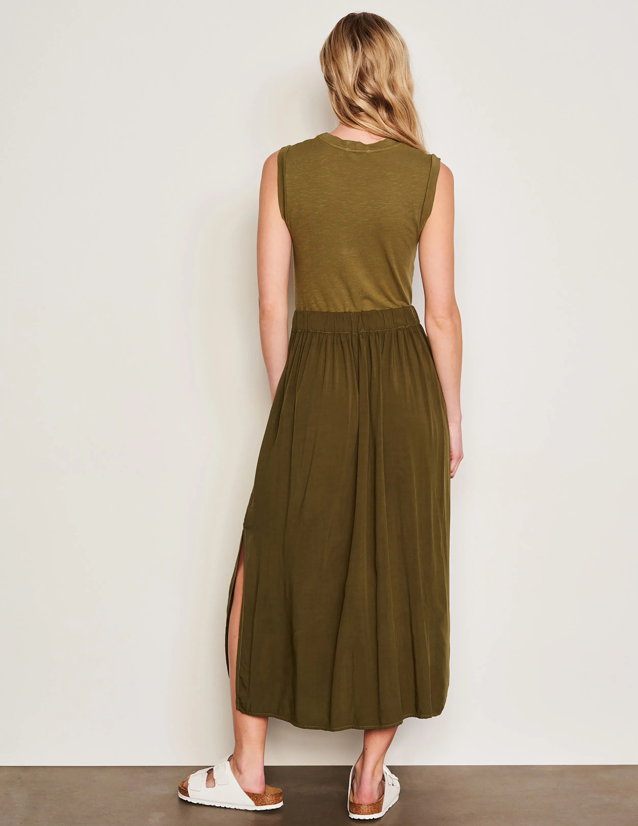 Sundry Midi Mixed Media Dress in Olive