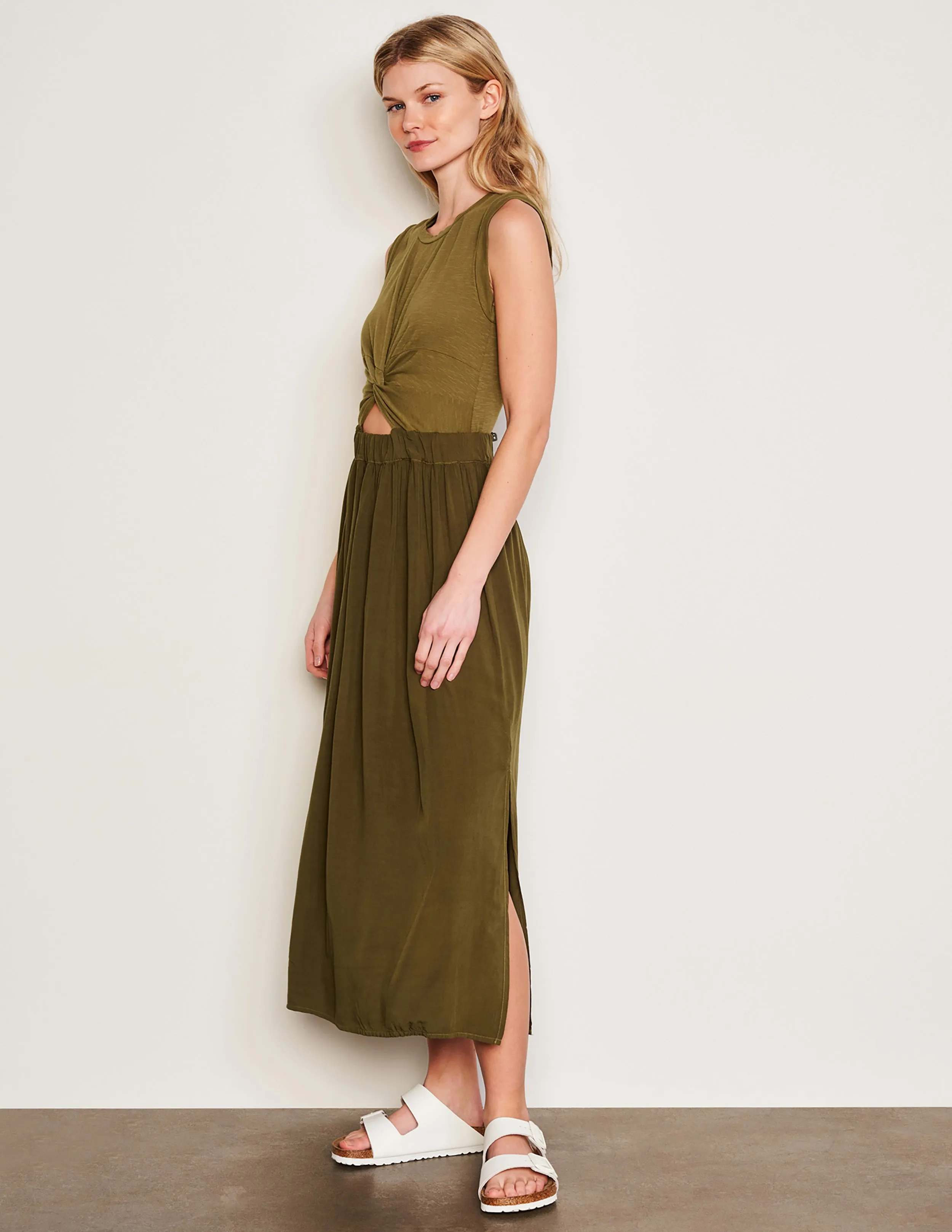 Sundry Midi Mixed Media Dress in Olive