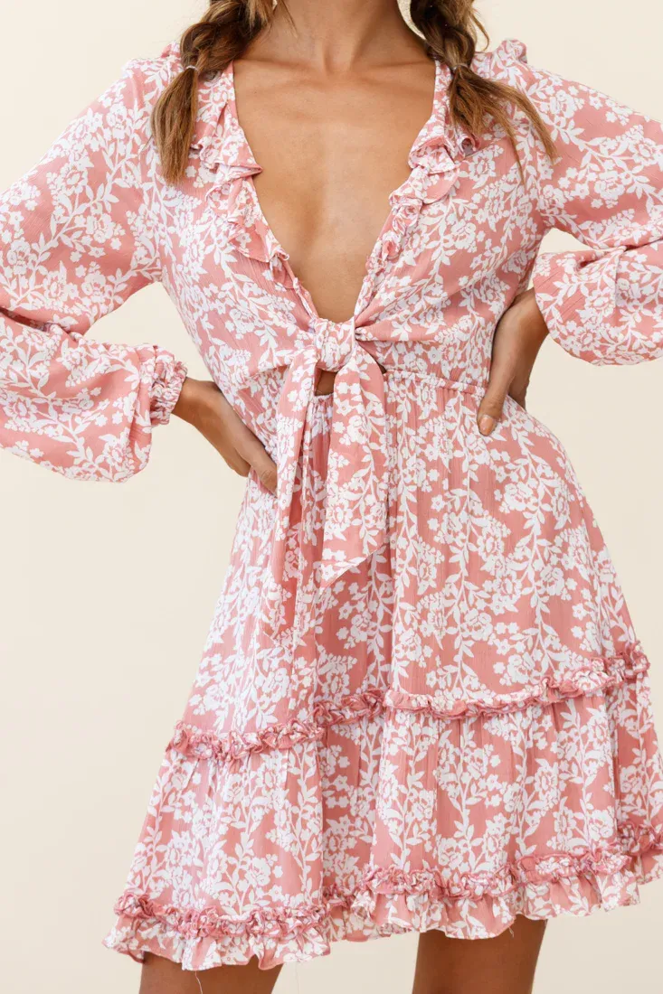Sunny Daze Long Sleeve Tie-Knot Bust Dress Floral Print Pink