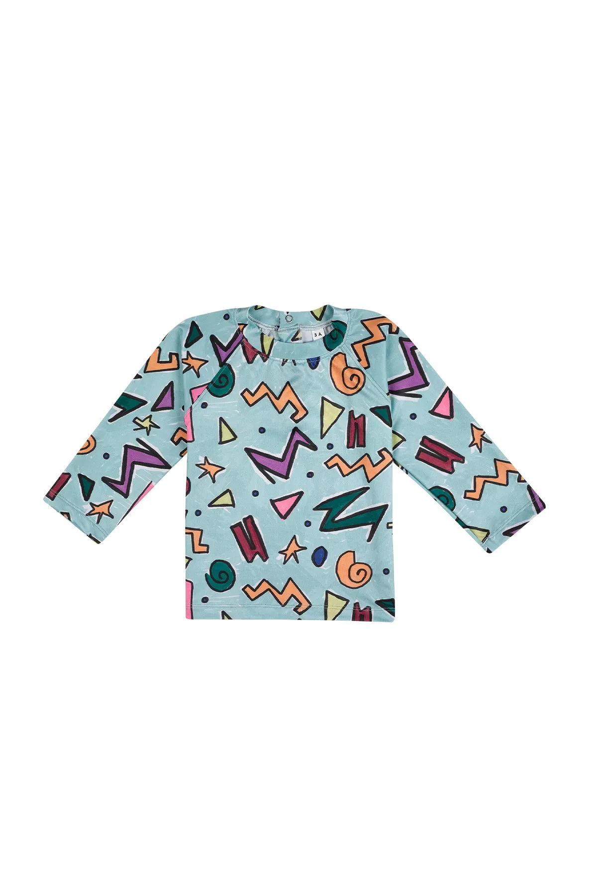 TURQUOISE SQUIGGLE PRINT LONG SLEEVE SWIM TOP