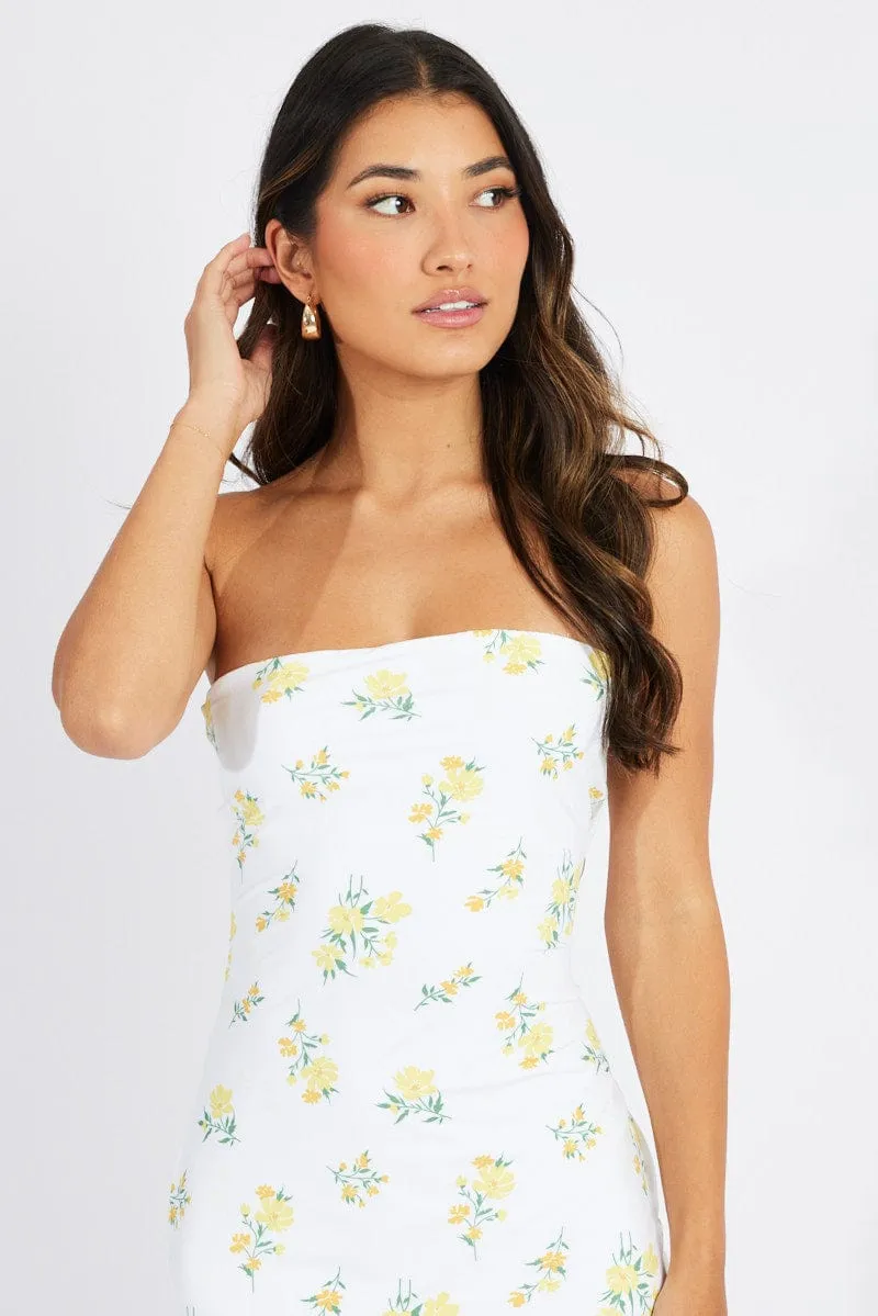 White Floral Bandeau Maxi Dress Bouquet Flower Dress
