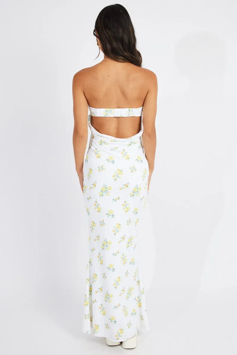 White Floral Bandeau Maxi Dress Bouquet Flower Dress