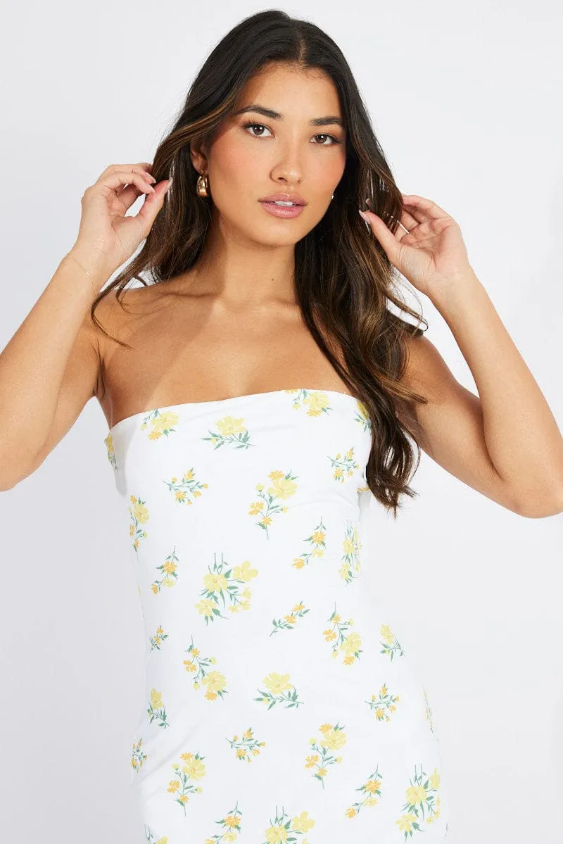 White Floral Bandeau Maxi Dress Bouquet Flower Dress
