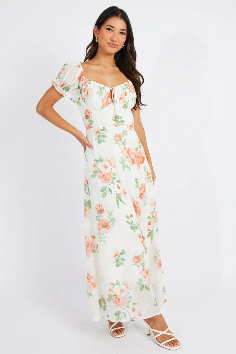 White Floral Maxi dress Puff Sleeve