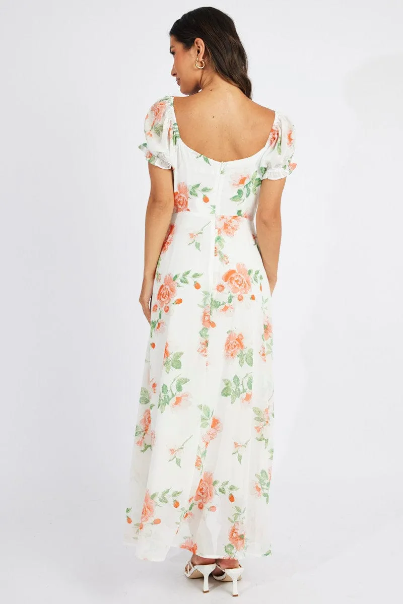 White Floral Maxi dress Puff Sleeve